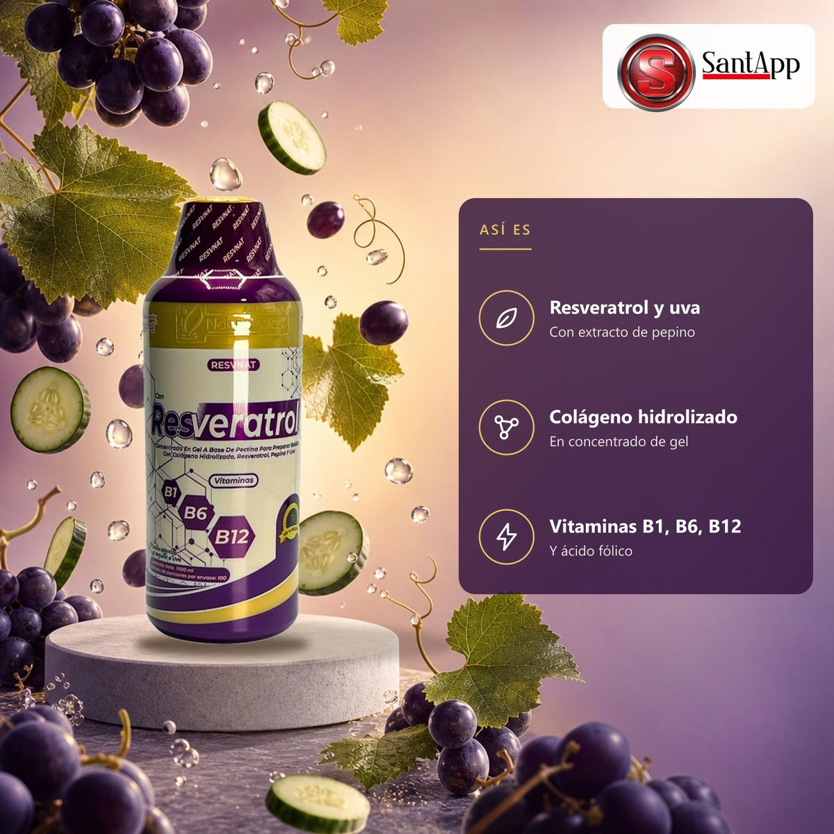 Resveratrol líquido: colágeno, pepino, uva y vitaminas B1, B6, B12