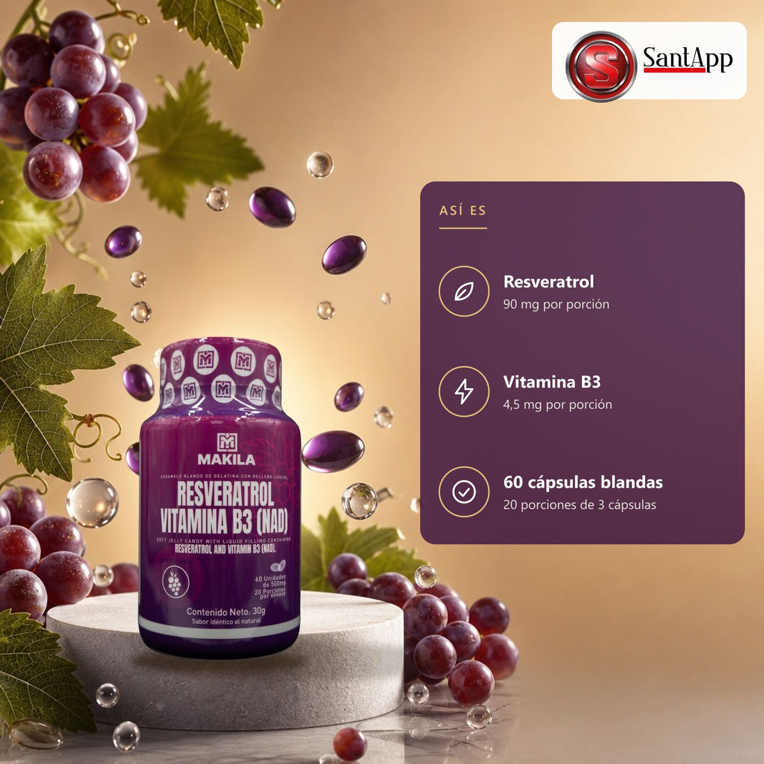 Resveratrol 90 mg y vitamina B3 4,5 mg por porción