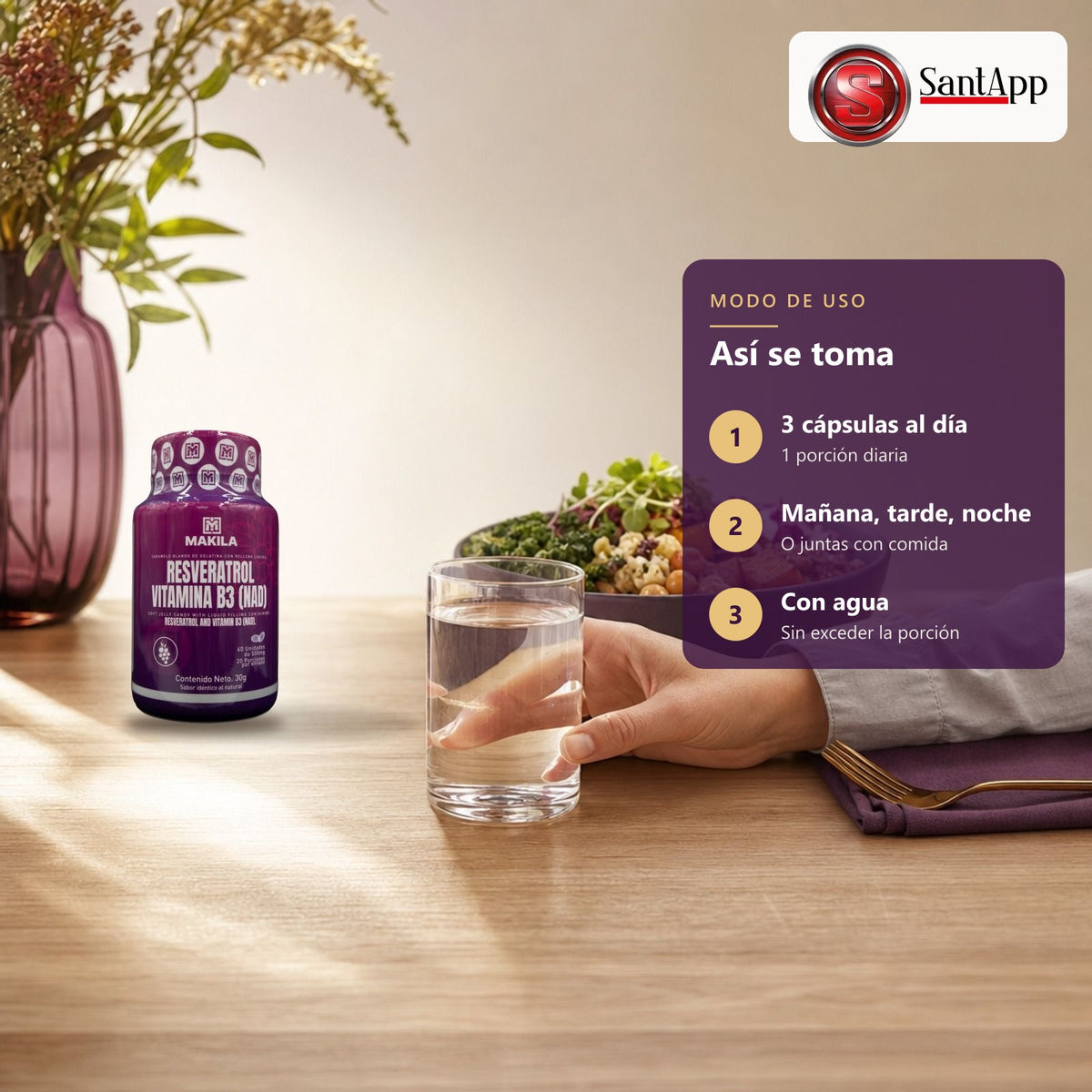 Cómo tomar resveratrol y vitamina B3 Makila: 3 cápsulas al día