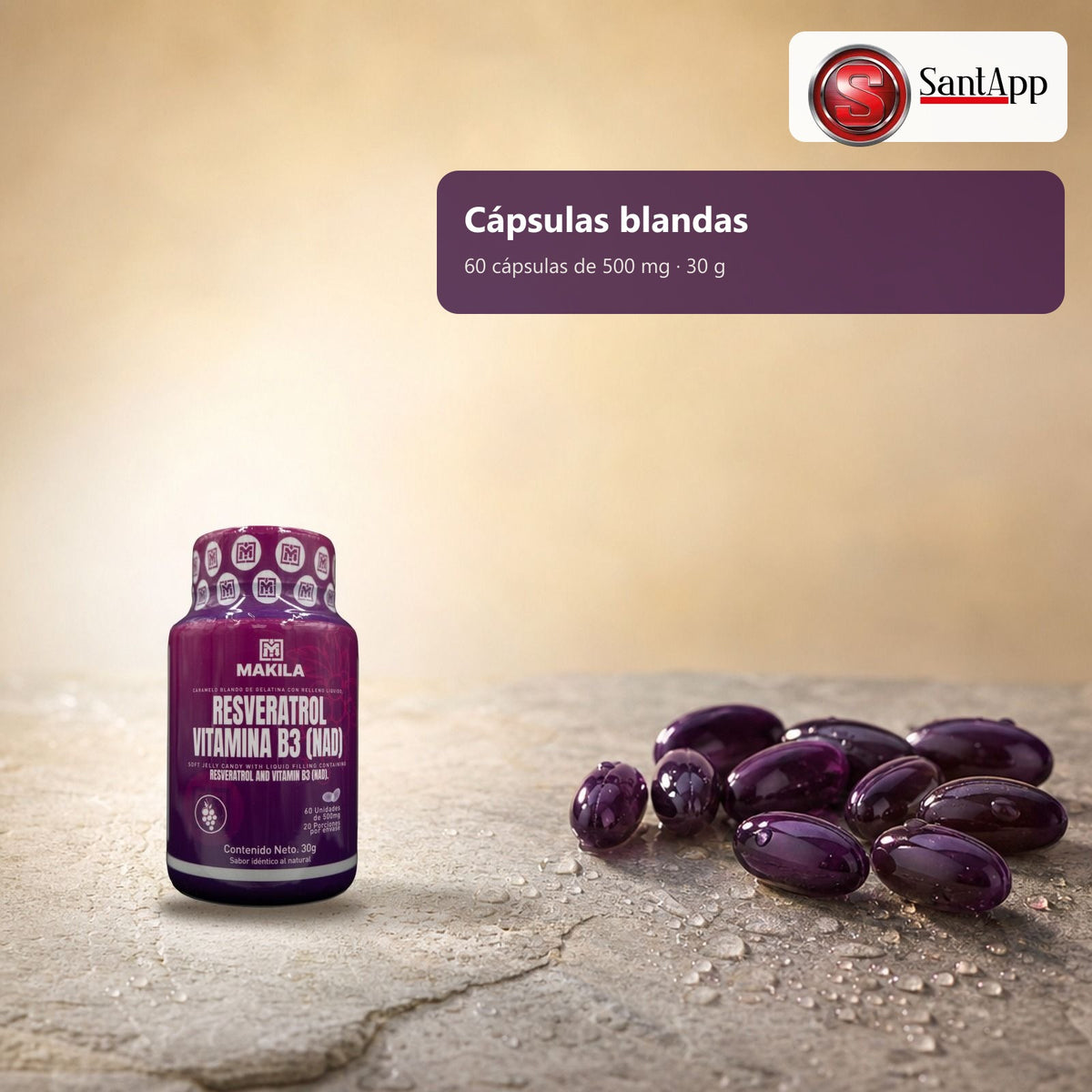 Cápsulas blandas de resveratrol y vitamina B3, 60 unidades de 500 mg