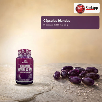 Cápsulas blandas de resveratrol y vitamina B3, 60 unidades de 500 mg