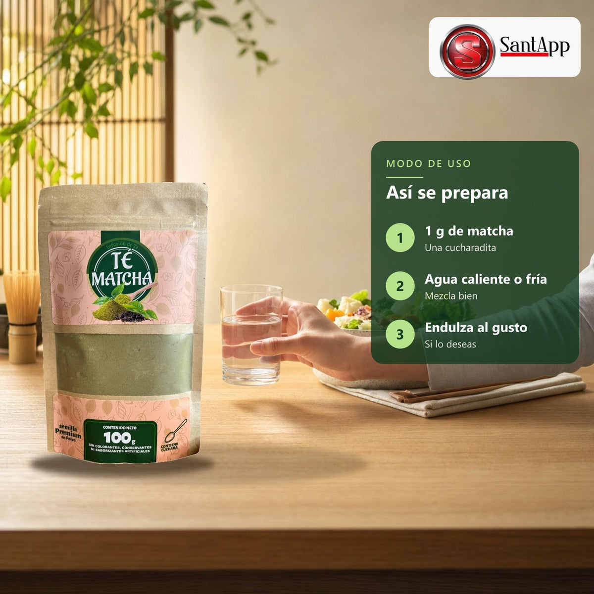 Cómo preparar té matcha: 1 g en agua caliente o fría