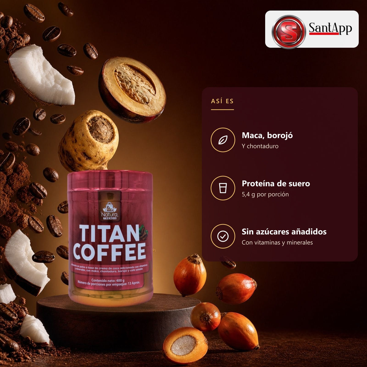 Titan Coffee: maca, borojó, chontaduro y proteína de suero, sin azúcares añadidos