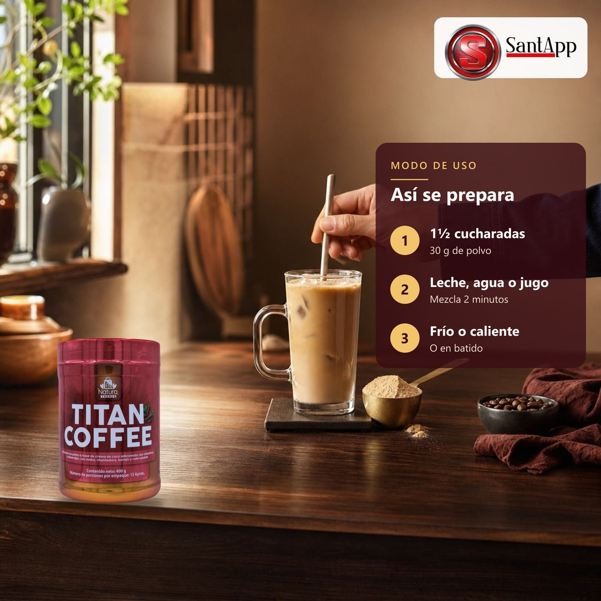 Cómo preparar Titan Coffee: 30 g en un vaso de leche, agua o jugo