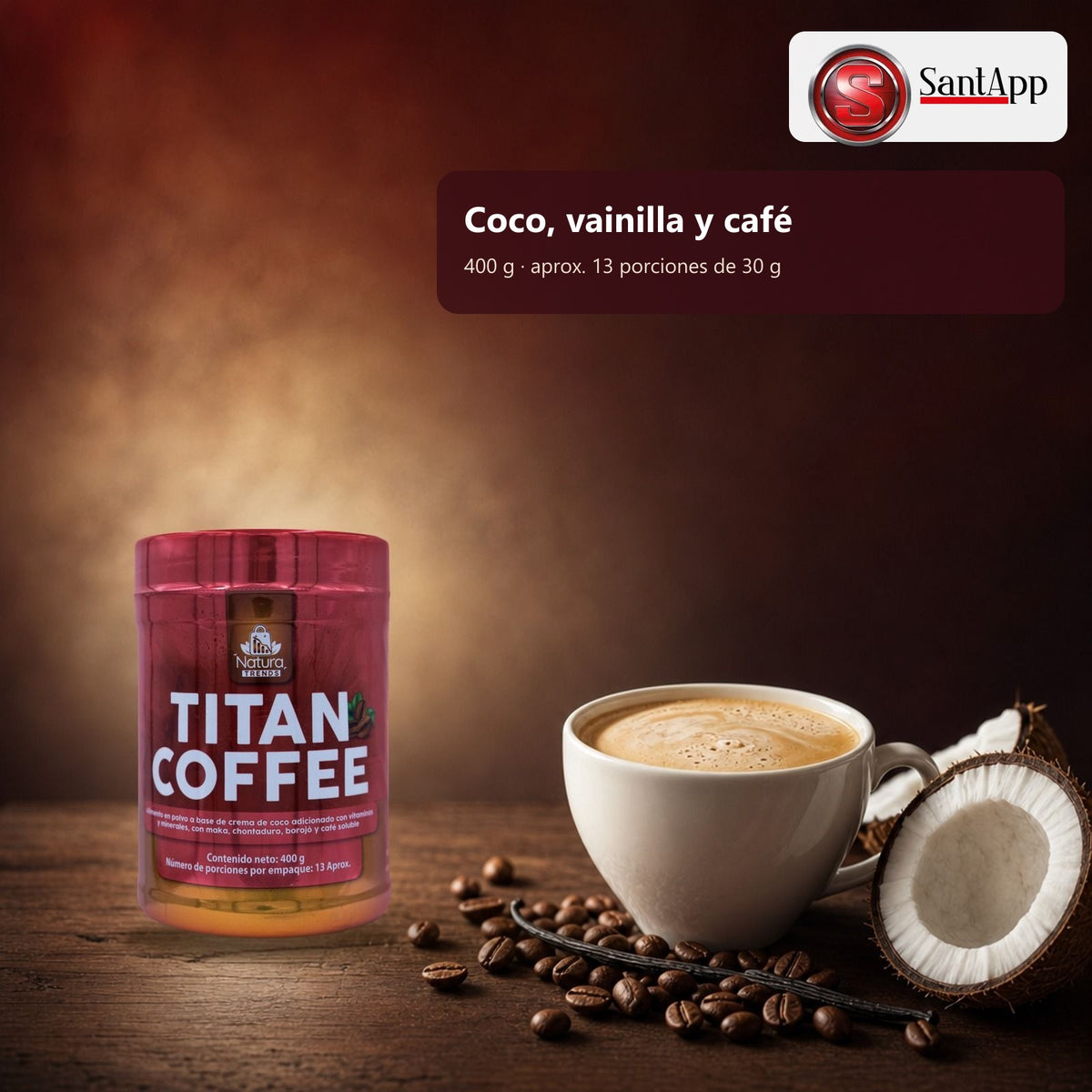 Titan Coffee sabor coco, vainilla y café, 400 g, 13 porciones