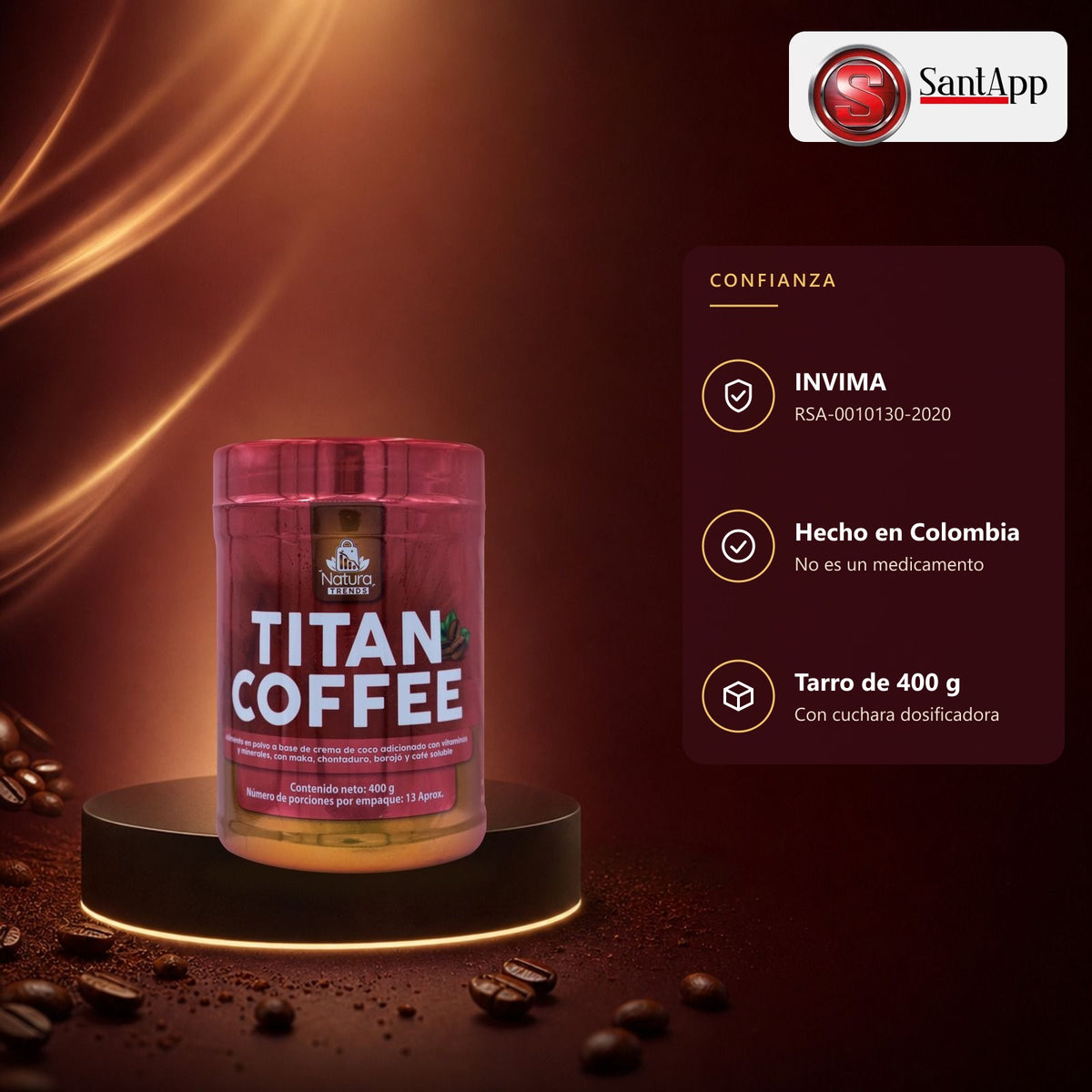 Titan Coffee con registro INVIMA RSA-0010130-2020, hecho en Colombia