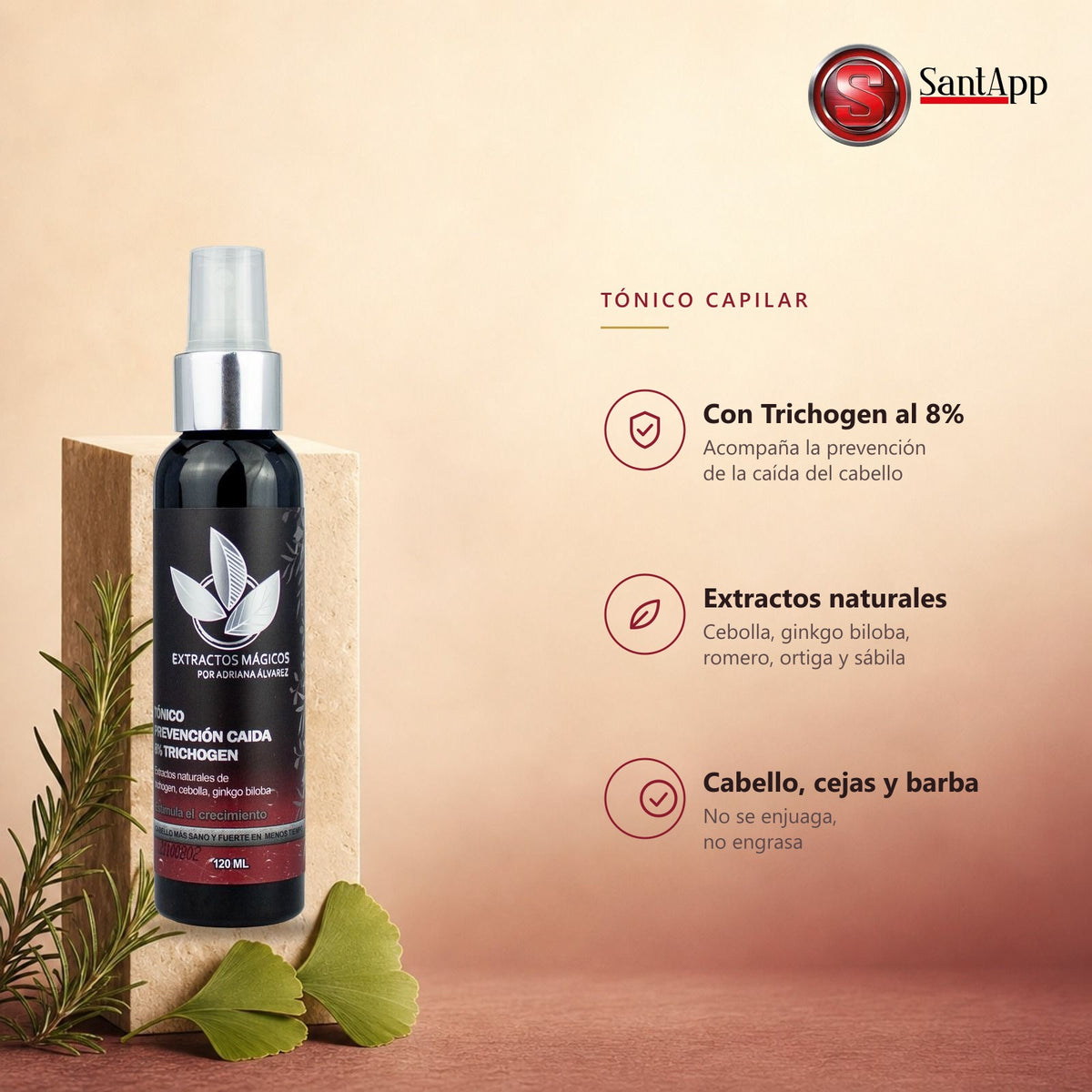 Características del Tónico capilar: Trichogen 8%, extractos naturales, para cabello, cejas y barba