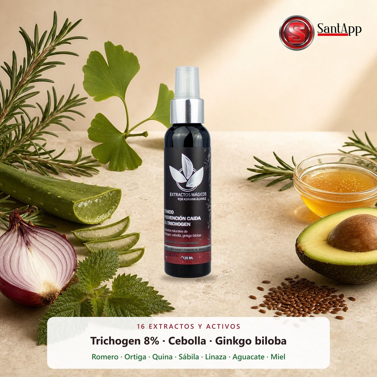 Tónico capilar con cebolla, ginkgo biloba, romero, ortiga, sábila, aguacate y miel