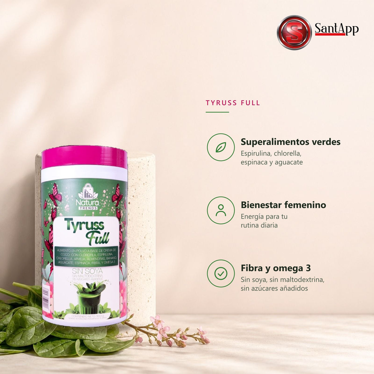 Características de Tyruss Full: superalimentos verdes, bienestar femenino, fibra y omega 3