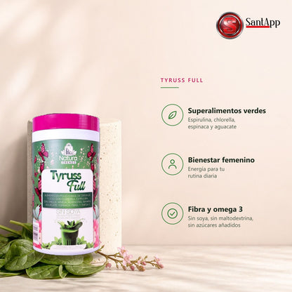 Características de Tyruss Full: superalimentos verdes, bienestar femenino, fibra y omega 3