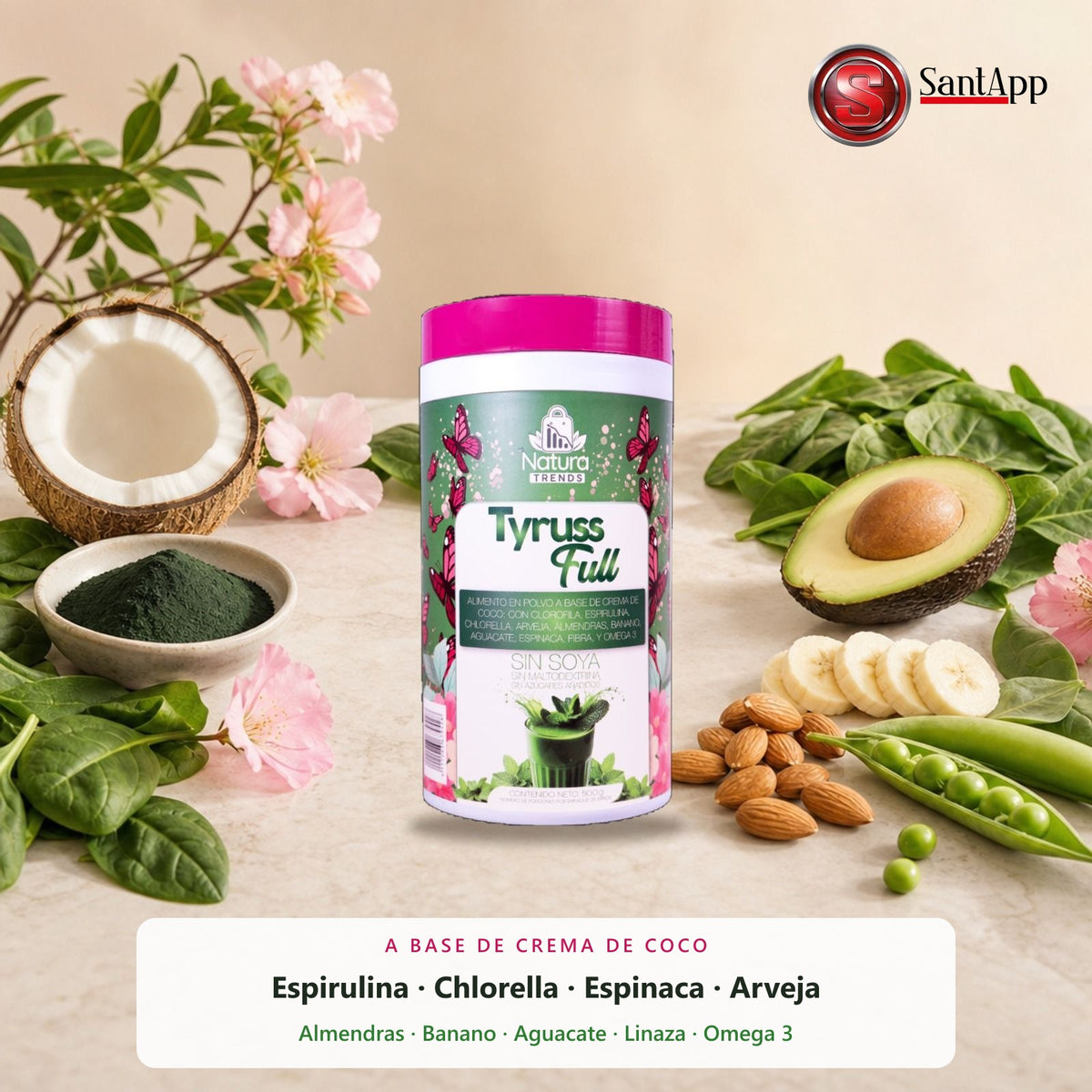 Tyruss Full con espirulina, espinaca, aguacate, banano, almendras, arveja y coco