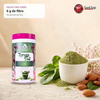 Polvo fino verde de Tyruss Full con 6 g de fibra por porción
