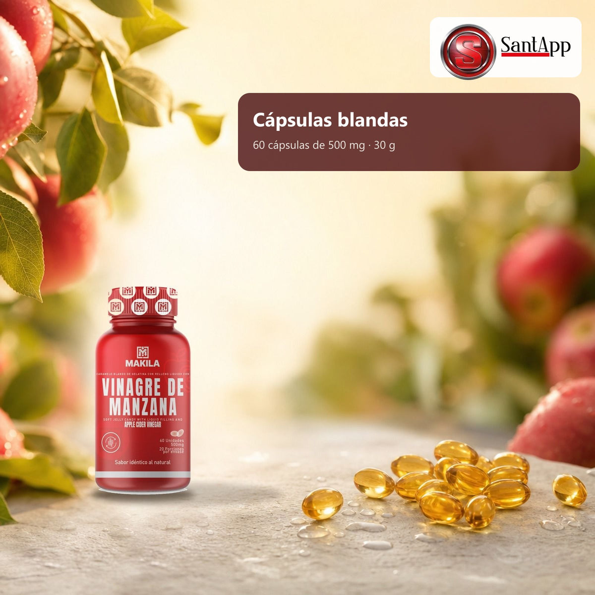 Cápsulas blandas de vinagre de manzana, 60 unidades de 500 mg