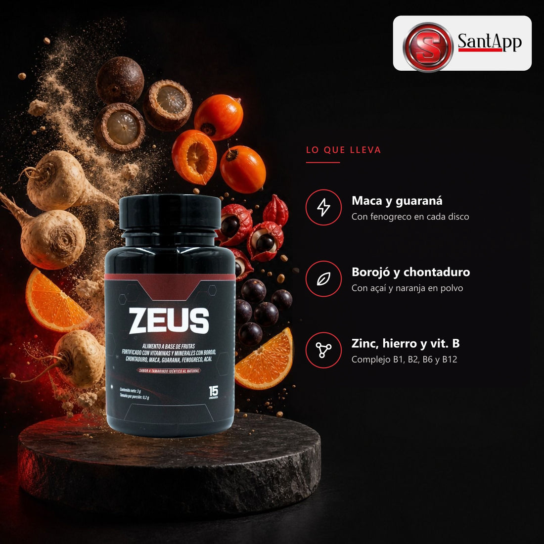 Ingredientes de Zeus: maca, guaraná, borojó, chontaduro, zinc, hierro y complejo B