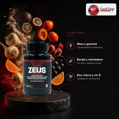 Ingredientes de Zeus: maca, guaraná, borojó, chontaduro, zinc, hierro y complejo B