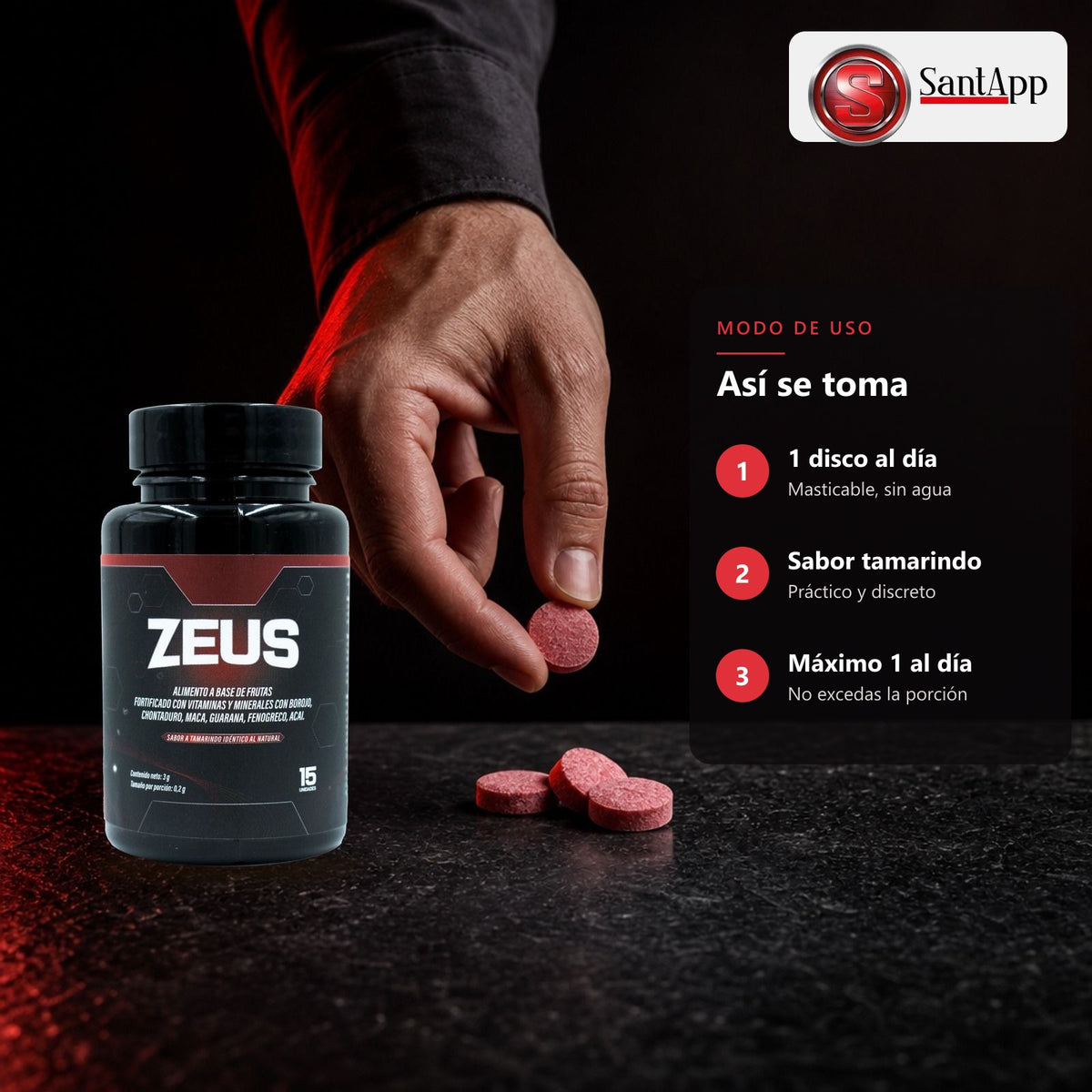 Cómo tomar Zeus: 1 disco masticable al día, sin agua